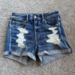 American Eagle Hi-Rise Shortie Jean Shorts Medium Wash Distressed Size 6